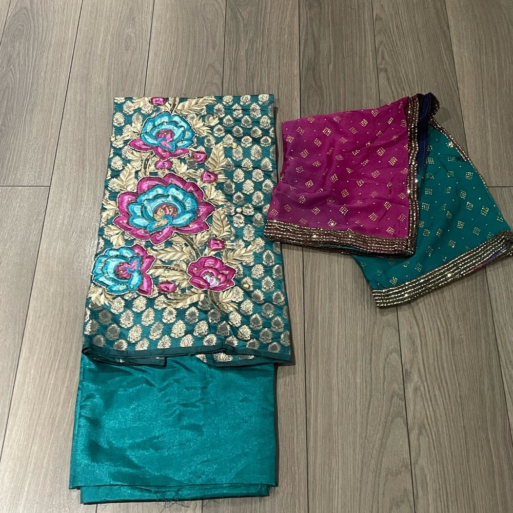 Teal and Magenta Embroidered Fabric Set